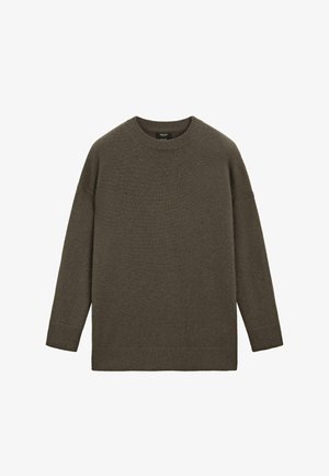 Oliven grønt sweater med rund hals, lange ærmer og ribbede manchetter. Lavet af tekstureret strikket stof med en løs, afslappet pasform.