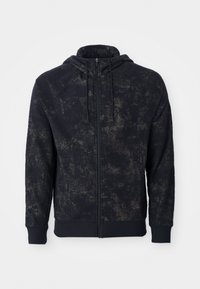 Sudadera con cremallera en color navy con un patrón texturizado, que incluye capucha y cordón ajustable, puños de canalé y bajo recto. Tejido suave con un diseño casual.