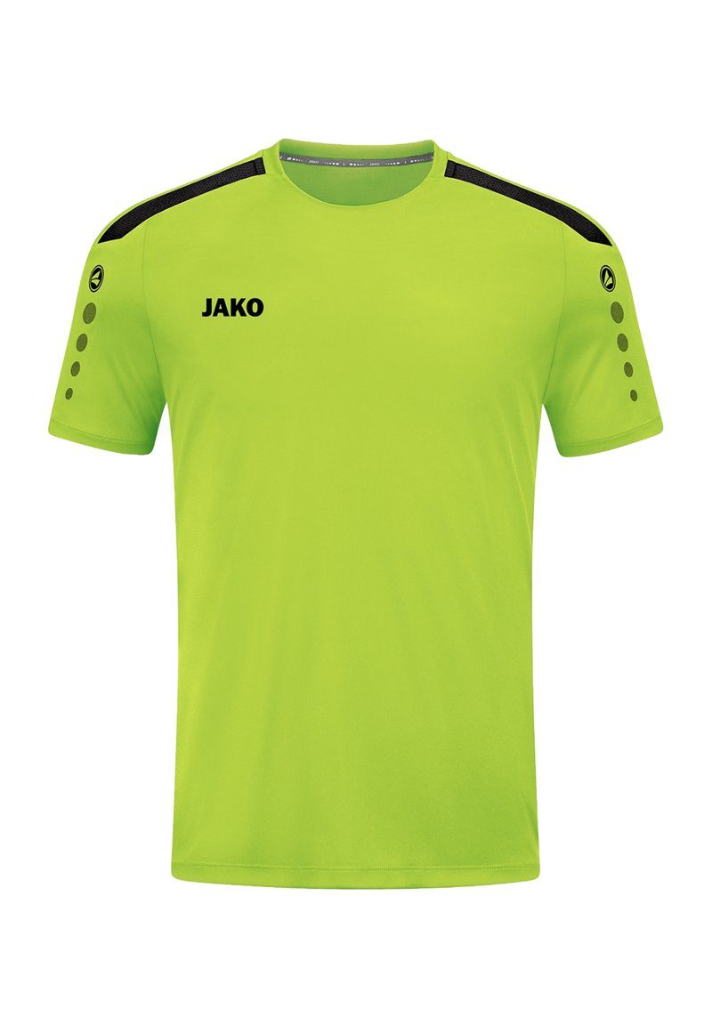 Maglietta sportiva a maniche corte verde lime con dettagli neri sulle spalle. Presenta un logo "JAKO" e dettagli a motivo circolare sulle maniche.