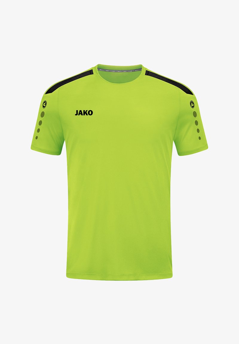 Maglietta sportiva a maniche corte verde lime con dettagli neri sulle spalle. Presenta un logo "JAKO" e dettagli a motivo circolare sulle maniche.