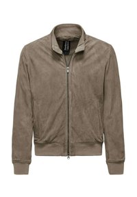 Giubbotto bomber in suede color marrone chiaro con zip frontale, colletto alto, polsini elasticizzati e tasche laterali. Texture liscia con un design casual.