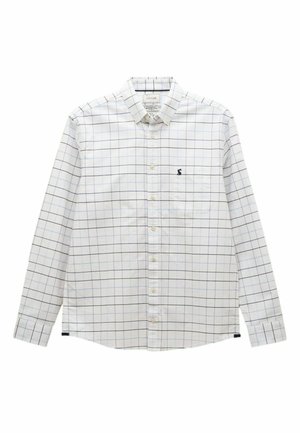 White long-sleeve shirt with blue and black grid pattern, collar, button placket, single chest pocket, and logo on the pocket.