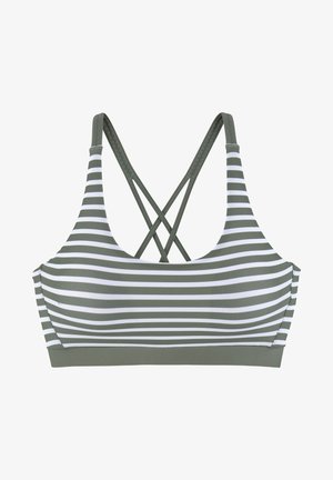 Gestreifter Bralette in Olivgrün und Weiß, mit sportlichem Design, herausnehmbaren Polstern und überkreuzten Trägern für zusätzlichen Halt.