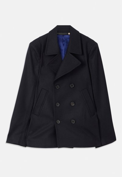 Mornarji dvoslojni plašč iz gladke volne, ki ima dva sprednja žepa in zarezan ovratnik. Notranjost obložena s svetlo modro tkanino.
