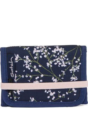 Blumenmuster-Geldbeutel aus strapazierfähigem, navyfarbenem Stoff, mit einem pinken Gummibandverschluss, hellen Blumenakzenten und einem kompakten Design.