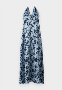 Robe longue bleu clair à col licou avec motif floral abstrait noir et silhouette fluide en ligne A.