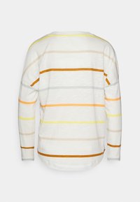 Langärmliges Shirt mit weißem Hintergrund und horizontalen Streifen in Gelb, Orange, Grau und Braun. Sanfte Textur, abgerundeter Saum.