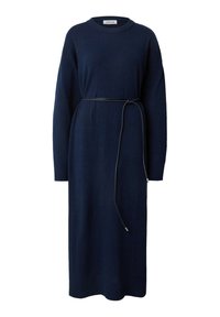 Navyblaues Langarm-Strickkleid mit Rundhalsausschnitt und einem schwarzen Gürtel in der Taille. Hat eine gerade Silhouette sowie gerippte Säume und Ärmelabschlüsse.