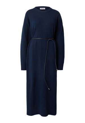 Navyblaues Langarm-Strickkleid mit Rundhalsausschnitt und einem schwarzen Gürtel in der Taille. Hat eine gerade Silhouette sowie gerippte Säume und Ärmelabschlüsse.