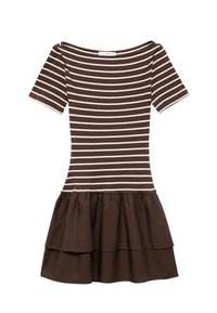 Braun und beige gestreifter kurzärmeliger Kleid mit rundem Ausschnitt und gestuftem Volantrock.
