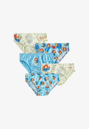Cinq slips pour enfants avec des motifs Paddington Bear en bleu et crème, présentant plusieurs images d’ours et des croquis sur le thème de Londres.
