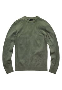 Grüner Strickpullover mit Rundhalsausschnitt, gerippter Struktur und dezentem Logo auf der Brust. Lange Ärmel mit gerippten Bündchen und Saum.