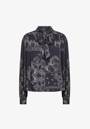 Navy blouse with paisley print, long sleeves, a bow tie at the collar, and a button-down front. Soft fabric with a smooth texture.