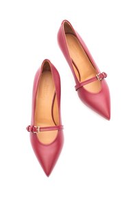 Scarpe Mary Jane rosse in pelle con punta a punta, cinturino alla caviglia con fibbia e texture liscia; interno in pelle beige.