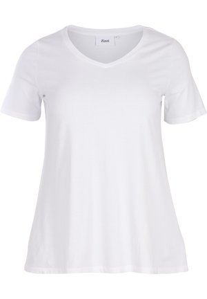 T-shirt bianco in cotone con scollatura a V, maniche corte e vestibilità morbida. Tessuto liscio, design semplice e senza motivi o dettagli.