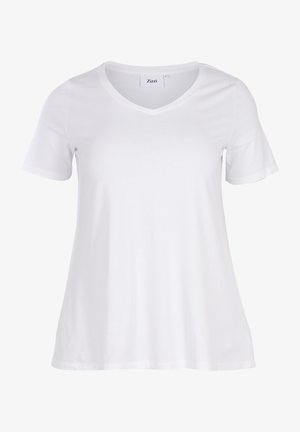 Vitskjorta i bomull med v-hals, korta ärmar och avslappnad passform. Slät textur, enkelt mönster och inga dekorationer eller detaljer.