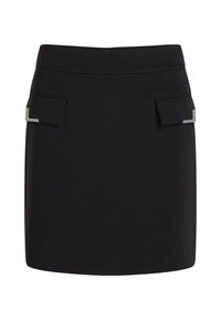 Gonna mini nera con due tasche a soffietto frontali, ciascuna con un piccolo dettaglio decorativo angolare in argento.