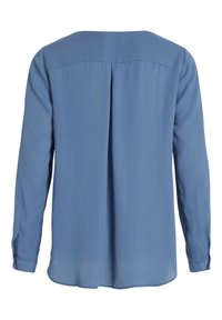 Blusa a maniche lunghe blu realizzata in tessuto liscio, con piega sul retro e orlo arrotondato. I polsini hanno dettagli con bottoni. Design semplice e minimalista.