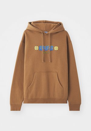 Brown hoodie made of cotton blend. Features a front pocket, drawstring hood, and colorful "KIDSUPER" graphic with floral accents.