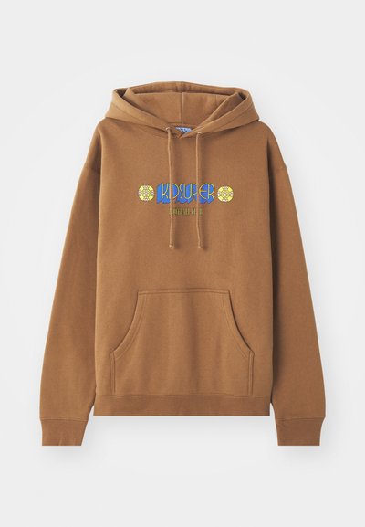 Hoodie marron en tissu mélangé. Présente une poche avant, une capuche avec cordon de serrage et un graphique coloré "KIDSUPER" avec des accents floraux.