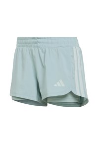 Light blue athletic shorts with an elastic waistband, side slits, and three white stripes on the left side; includes a logo near the hem.