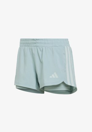 Light blue athletic shorts with an elastic waistband, side slits, and three white stripes on the left side; includes a logo near the hem.