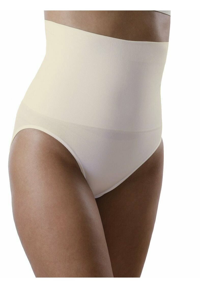 Shapewear a vita alta in beige chiaro, realizzato in tessuto morbido con un design senza cuciture, dotato di una fascia larga e comoda.