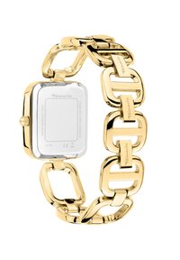 Montre-bracelet plaquée or avec un boîtier rectangulaire en argent, un large bracelet à maillons et un fond en acier inoxydable. Présente un logo Tamaris. Résistante à l'eau jusqu'à 30 mètres.
