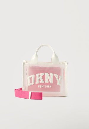 Läbipaistev valge käekott valgete sangadega, roosa sisemine kott, roosa reguleeritav õlarihm ja esiküljel "DKNY New York" logo.