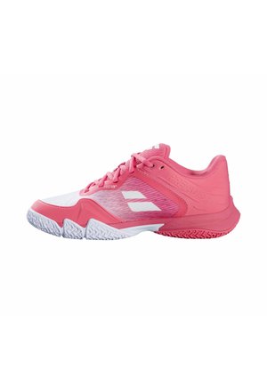 Pink-weißer, tiefer Ausschnitt Sportschuh mit profilierter Sohle, Seitensignet, Schnürsenkeln und Mesh-Obermaterial für Atmungsaktivität.