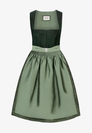 Traditionelles Kleid mit einem dunkelgrünen Samtoberteil, einem hellgrünen Satinrock und einer dekorativen Spitzenverzierung am Saum.