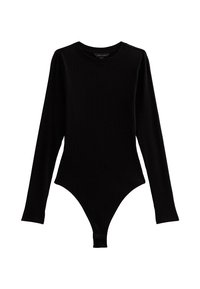 Bodysuit negro con rayas, de manga larga, escote redondo y aperturas de pierna altas. Fabricado con un tejido de punto elástico para un ajuste ceñido.