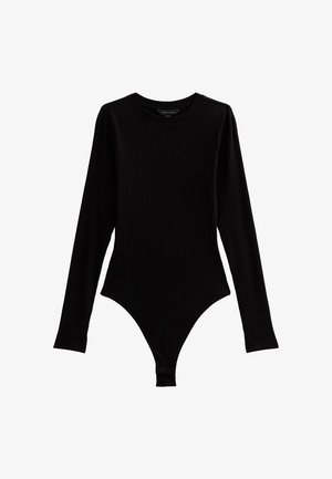 Bodysuit negro con rayas, de manga larga, escote redondo y aperturas de pierna altas. Fabricado con un tejido de punto elástico para un ajuste ceñido.
