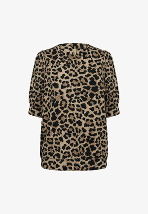 Leopard print blouse in shades of beige and black, featuring a rounded neckline, short sleeves, and soft, textured fabric.