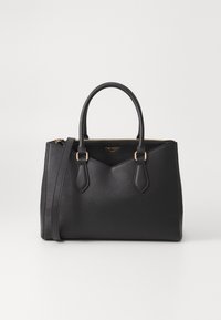 Black handbag made of textured synthetic material, featuring dual handles, a detachable shoulder strap, and gold-tone hardware accents.