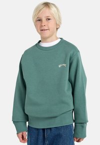 Felpa verde in cotone misto con collo a girocollo e polsini a coste, con un piccolo logo ricamato bianco sul lato sinistro del petto.