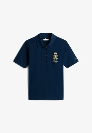 Marineblauw poloshirt van katoen met korte mouwen, drieknopenlijst en gouden leeuwenkruis detail op de linkerborst.