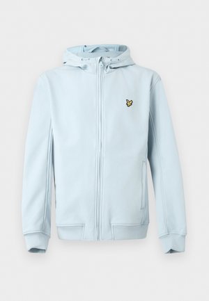 Lichtblauwe hoodie met ritssluiting, capuchon en klein geel vogellogo op de linkerborst, voorzien van zijzakken en geribbelde manchetten.