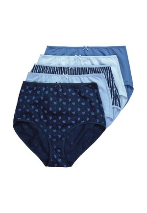 Set of five women's high-waisted panties in varying shades of blue, featuring floral and polka dot patterns. Soft cotton fabric with bows at waist.
