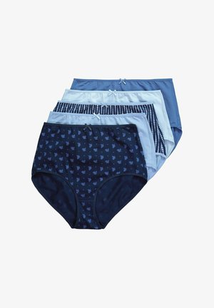 Set di cinque mutandine alte da donna in diverse sfumature di blu, con motivi floreali e a pois. Tessuto di cotone morbido con fiocchi in vita.