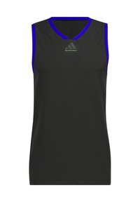 Black sleeveless basketball tank top with a V-neck, accented by blue trim and a small green Adidas logo on the chest. Smooth fabric texture.