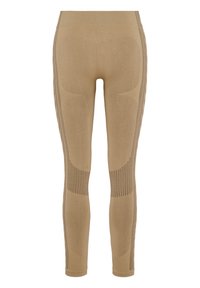 Lichtbruine gebreide leggings met een geribde tailleband en textuuraccenten langs de zijkanten, met een gladde afwerking en ademend materiaal.
