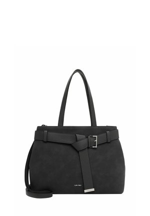 Black handbag made of suede, featuring a structured shape, dual handles, a buckle detail with a strap, and a detachable shoulder strap.