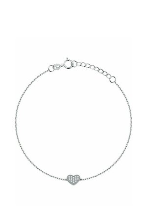 Silberne Kettenarmband mit einem herzförmigen Anhänger, der mit kleinen klaren Kristallen verziert ist. Verstellbarer Verschluss für unterschiedliche Längen.