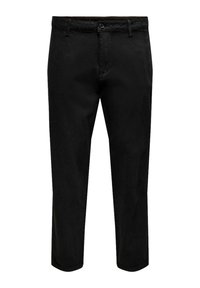 Zwarte katoenen broeken met een recht model, uitgerust met een knoopsluiting, riemlussen en een minimalistisch ontwerp. Gladde textuur, geen patronen.