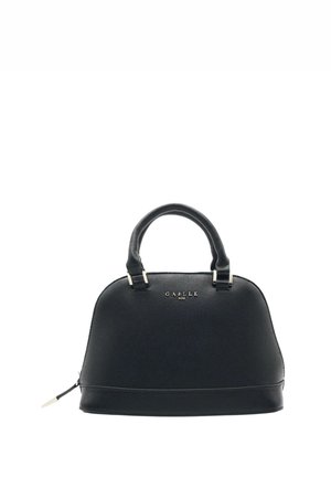 Borsa nera a forma di cupola strutturata, con superficie in pelle testurizzata, doppio manico superiore e dettagli in hardware dorato. Chiusura con zip.