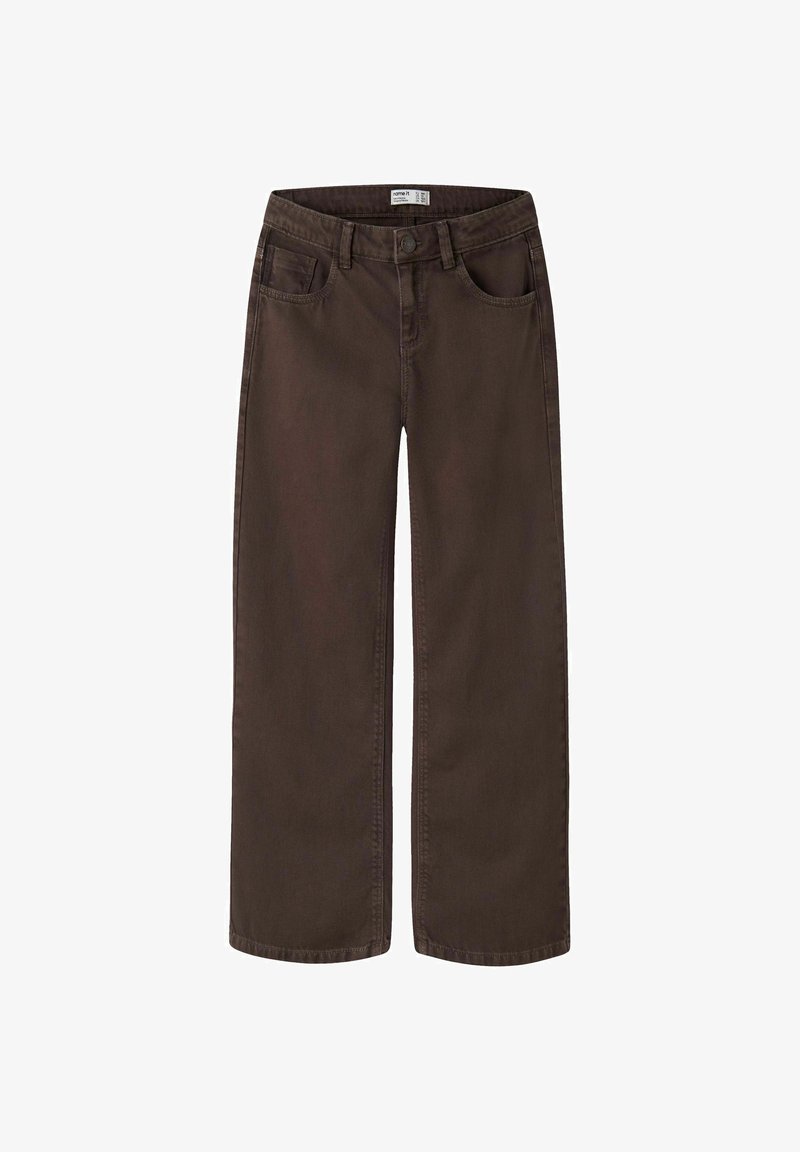 Pantalon droit marron avec boutons à l'avant, passants de ceinture et poches avant, présenté à plat sur fond blanc.
