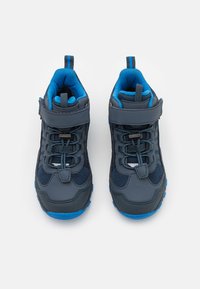 Dark blue high-top shoes with a mesh and synthetic material, featuring blue accents, laces, a strap, and textured rubber sole.