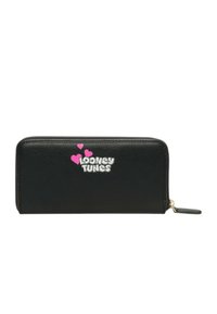 Portafoglio nero realizzato in materiale testurizzato che presenta il logo "Looney Tunes" con cuori rosa e una chiusura a zip.