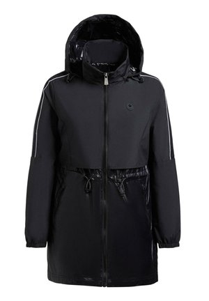 Impermeabile nero con cappuccio, cerniera frontale, coulisse in vita, polsini elastici e strisce riflettenti sulle maniche.